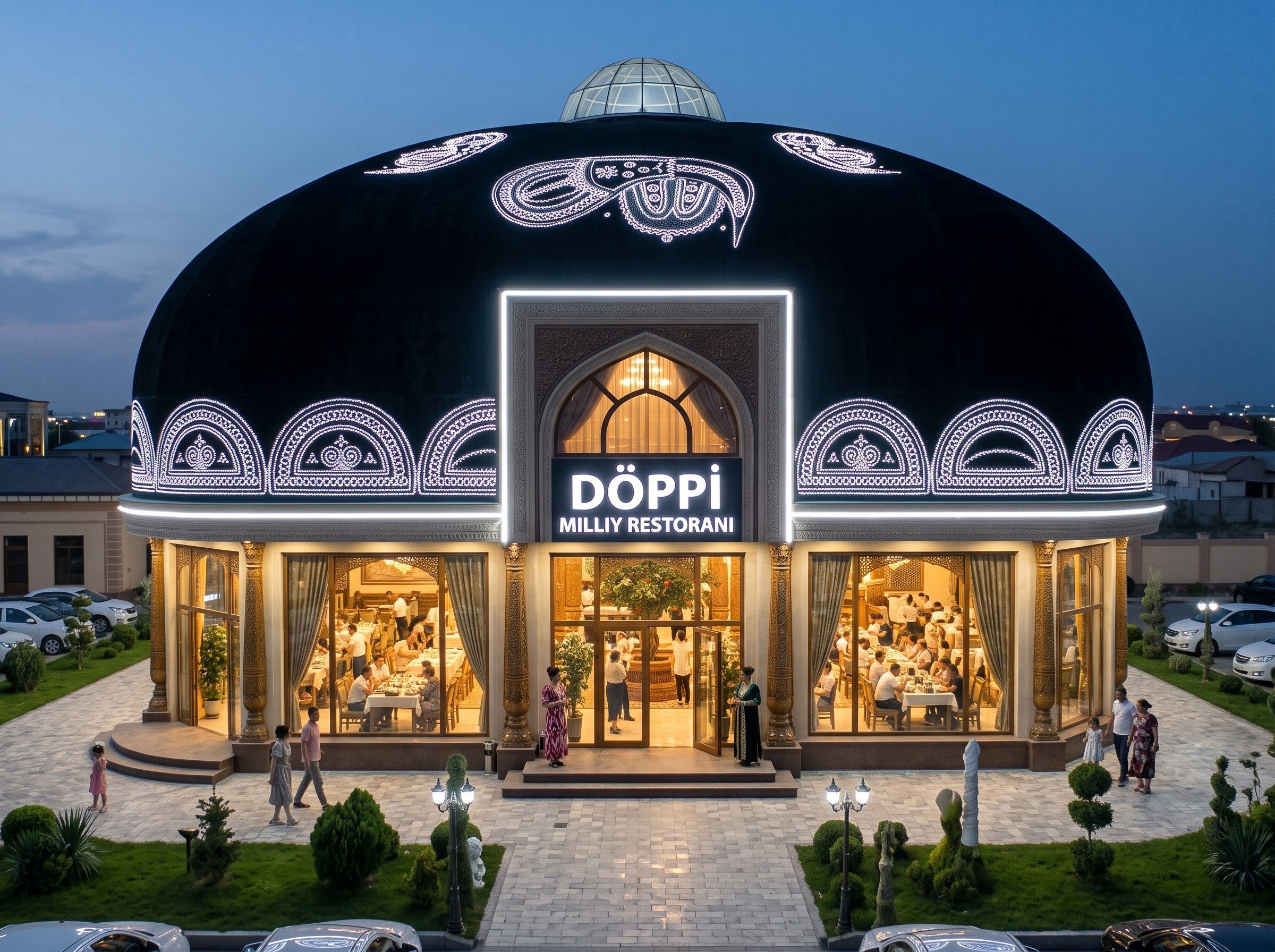 DÖPPI restorani fasadi oqshomda: qora baxmal gumbaz, LED bilan yoritilgan bodom naqshlari va peshtoq